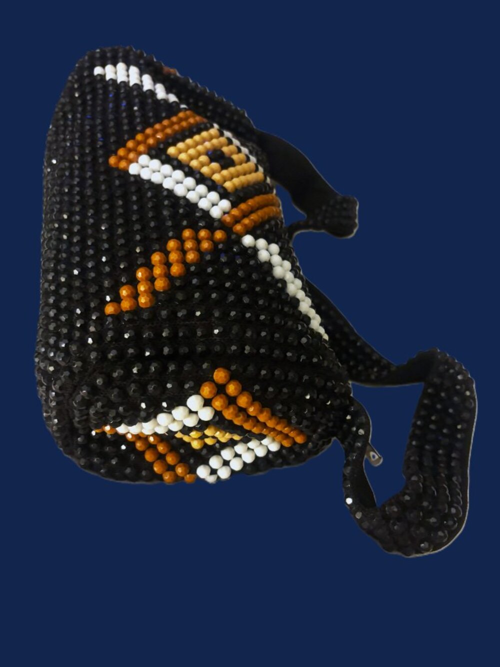 Vintage Handmade Handbag Intricate Beadwork-Black White Cinnamon Tan Beads EUC